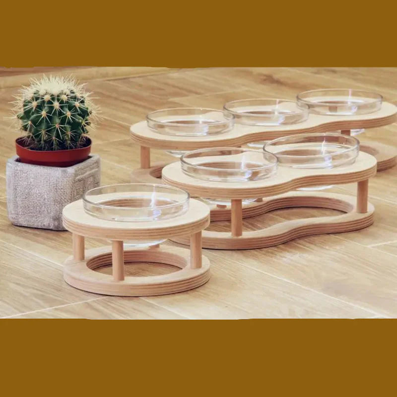 Erhöhtes Futternapf-Set aus Holz und Glas für Hunde und Katzen mit Rutschfester Halterung