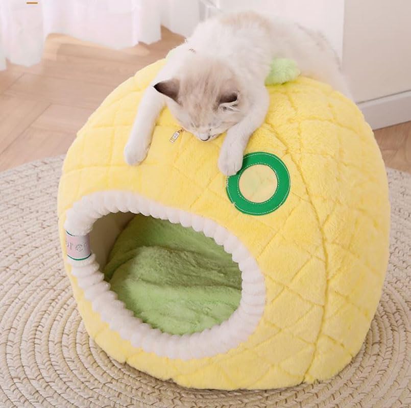 Katzenhöhle Ananas – Weiche und Gemütliche Schlafhöhle für Katzen, Haustierbett für Katzen im Frucht-Design