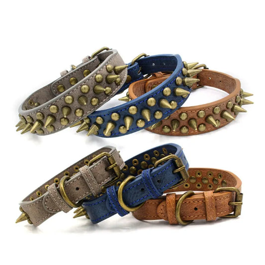 Leder Hundehalsband mit Nieten und Stacheln in 3 Farben