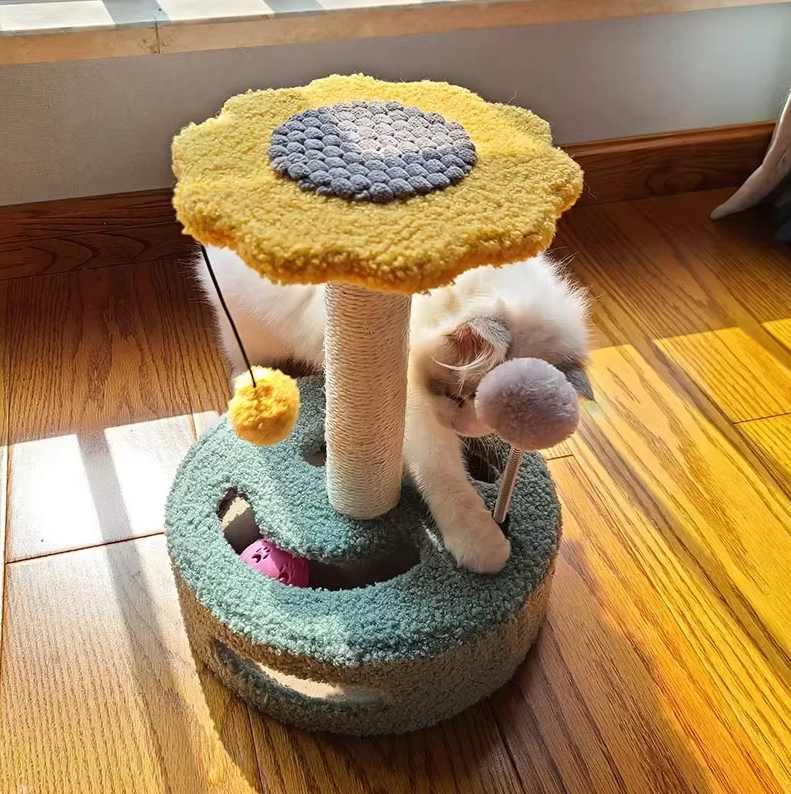 Katzenkratzbaum Sonnenblume – Kratzsäule Mit Spielzeug Und Interaktivem Katzenspielplatz