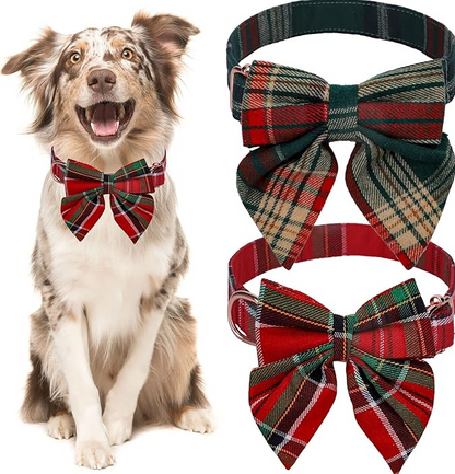 Kariertes Hunde Halsband mit Schleife für Weihnachten und Festliche Anlässe