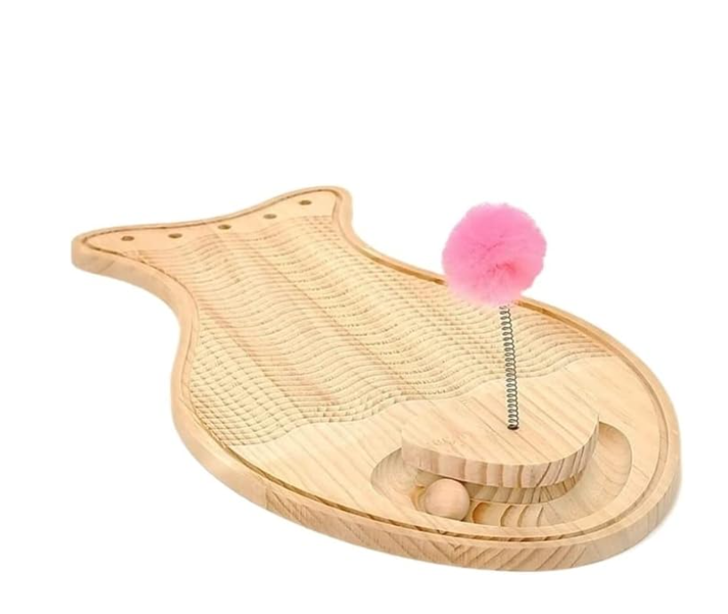 Katzenspielzeug Kratzbrett aus Holz – Interaktive Spielmatte mit Feder und Ball
