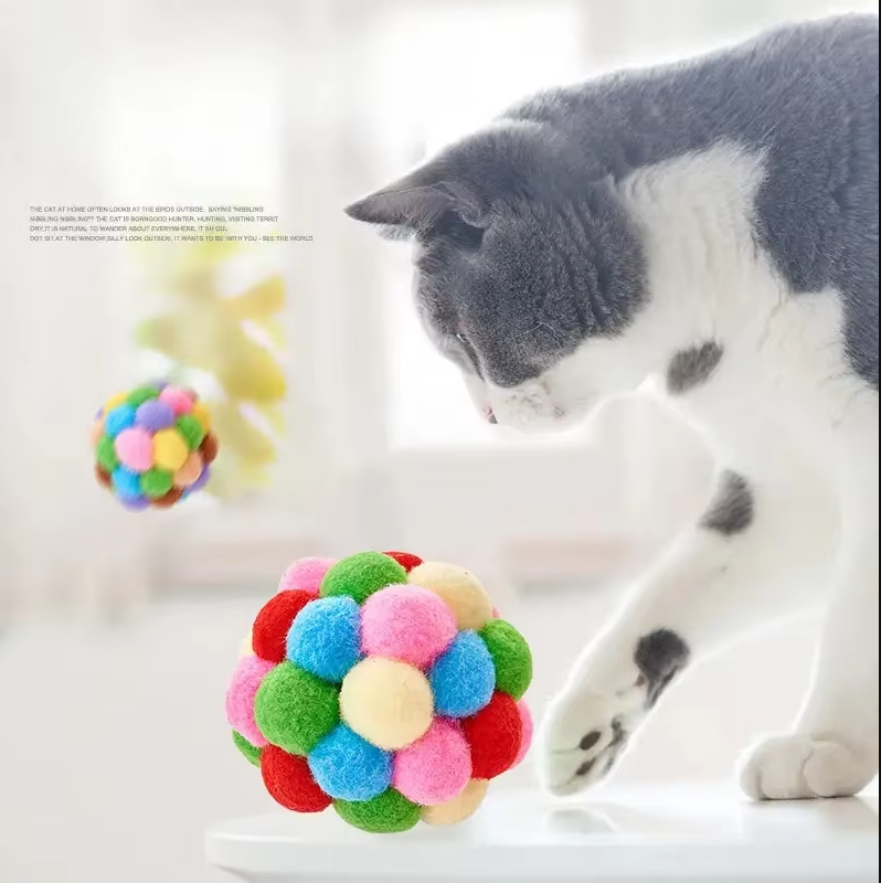 Bunter Pompom-katzenball – Weiches  Interaktives Spielzeug Für Verspielte Stubentiger