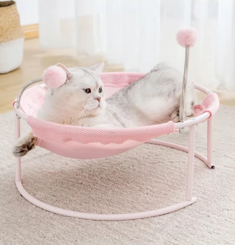 Katzen Hängematte Rund – Bequemer Katzenliegeplatz Mit Spielbällen  Stabilem Gestell