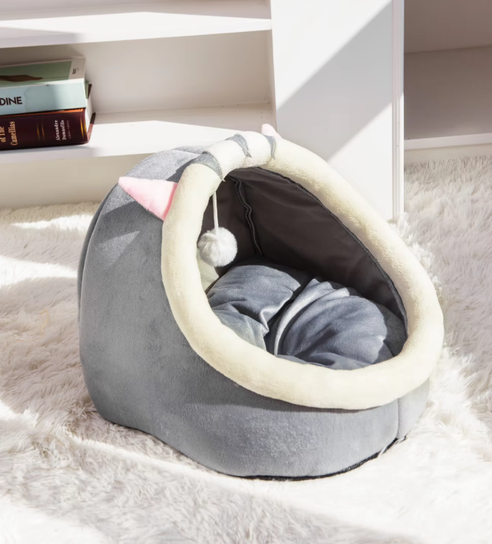 Kuscheliges Katzenbett Höhle – Weiches Iglo Mit Ohren  Spielball