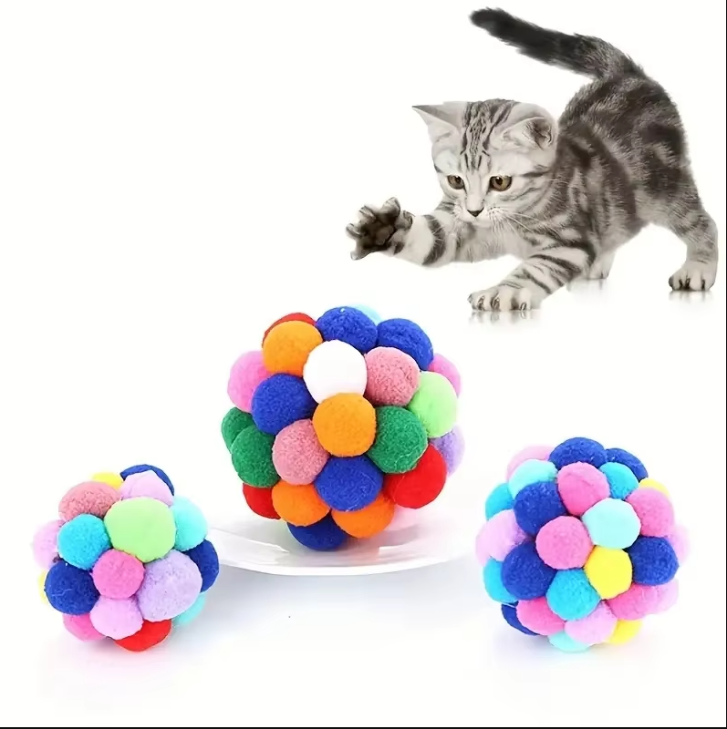 Bunter Pompom-katzenball – Weiches  Interaktives Spielzeug Für Verspielte Stubentiger