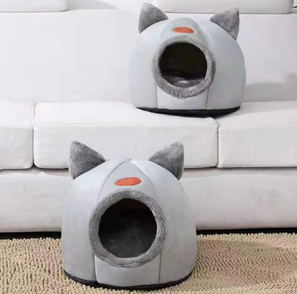 Katzenförmiges Kuschelbett für Haustiere – Weiches  Wärmendes Katzenhaus mit Abnehmbarem Kissen