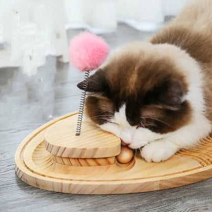Katzenspielzeug Kratzbrett aus Holz – Interaktive Spielmatte mit Feder und Ball