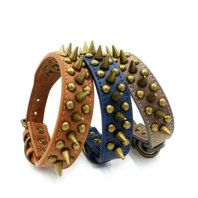Leder Hundehalsband mit Nieten und Stacheln in 3 Farben